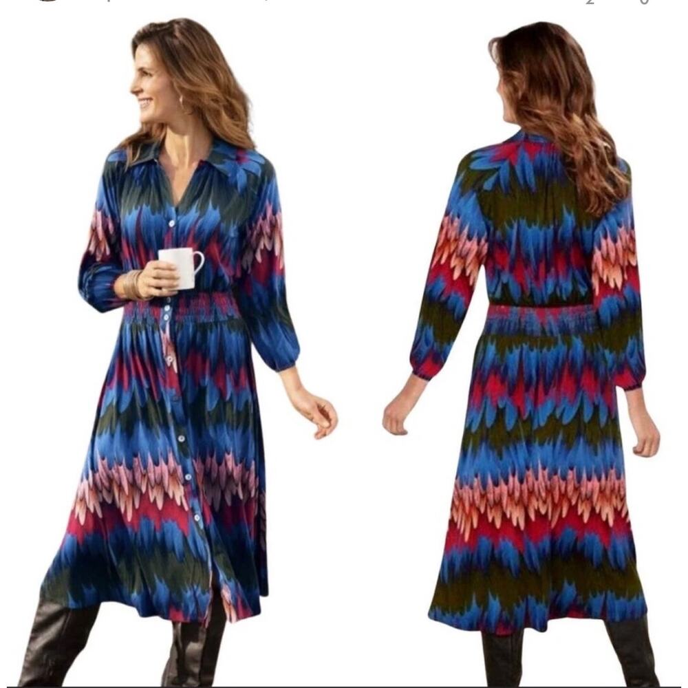 NWT‎ Soft Surroundings Midi Dress Ancient Isle Shirtdress Fanchon Multi Medium
